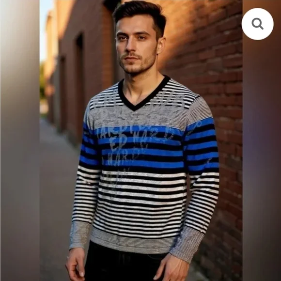 NEW!!! Men's Striped V-Neck Sweater - Black, Blue, Gray, Sz XL